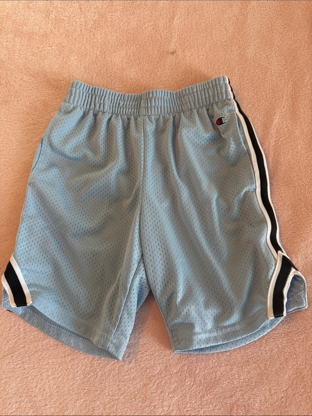Champion Light Blue Mesh Athletic Shorts with Navy Blue & White Trim